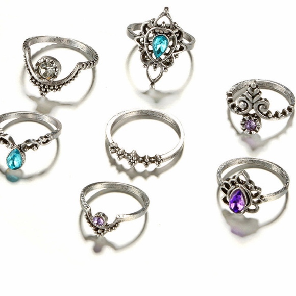 🌺 7PC: CELTIC RINGS PURPLE BLUE MIDI BOHO BOHEMIAN BUNDLE SET LOT INDIA GEM - Picture 6 of 7